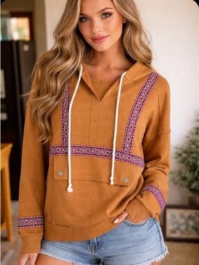 V-Neck Hooded Sweater in Mustard with Patterned Trim well made